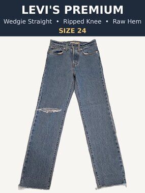Levi's Premium Wedgie Straight Jeans Ripped Knee Raw Hem Medium Wash Size 24